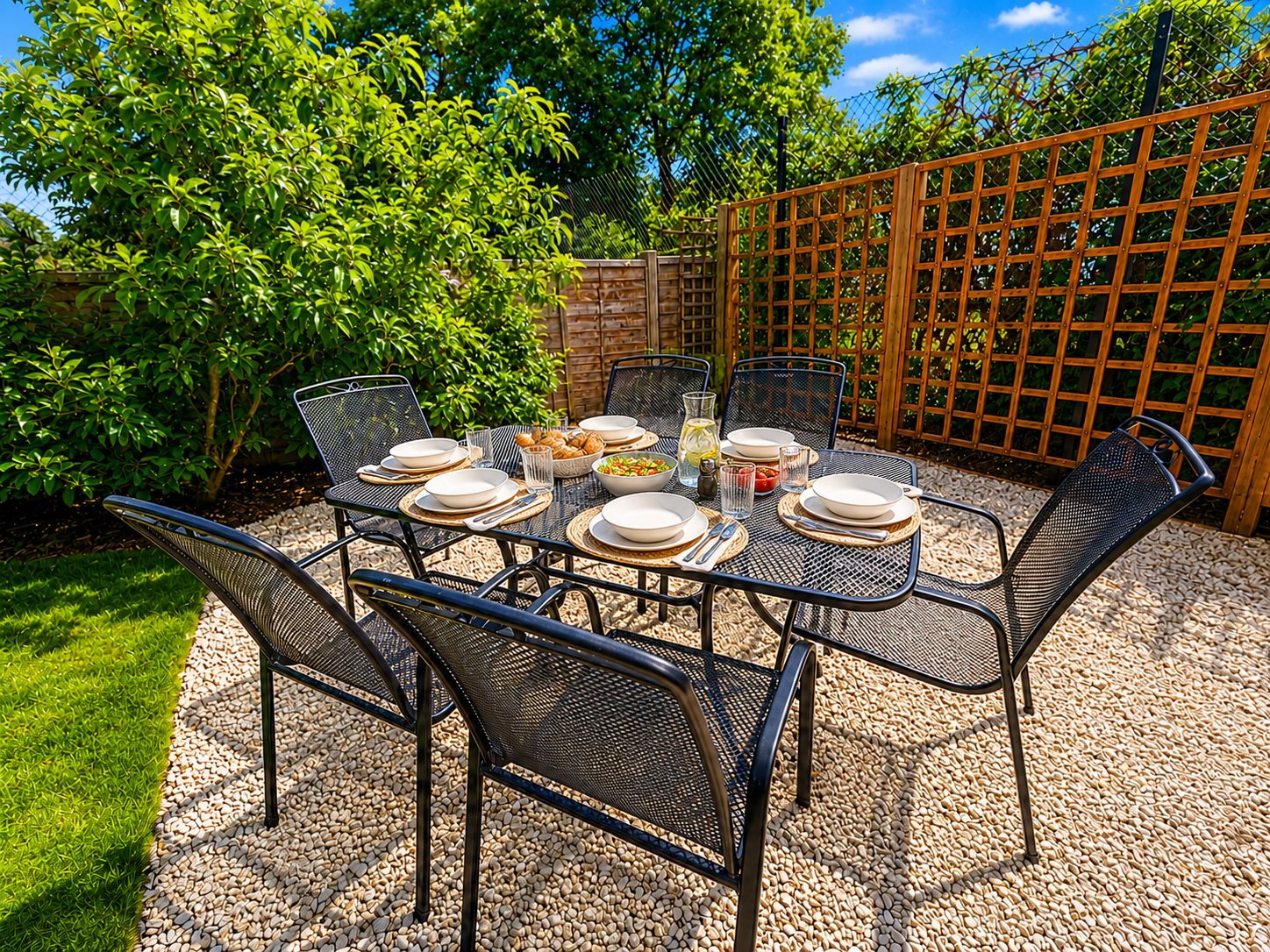 Outdoor dining table dressed for six at the sunny end of the mature garden