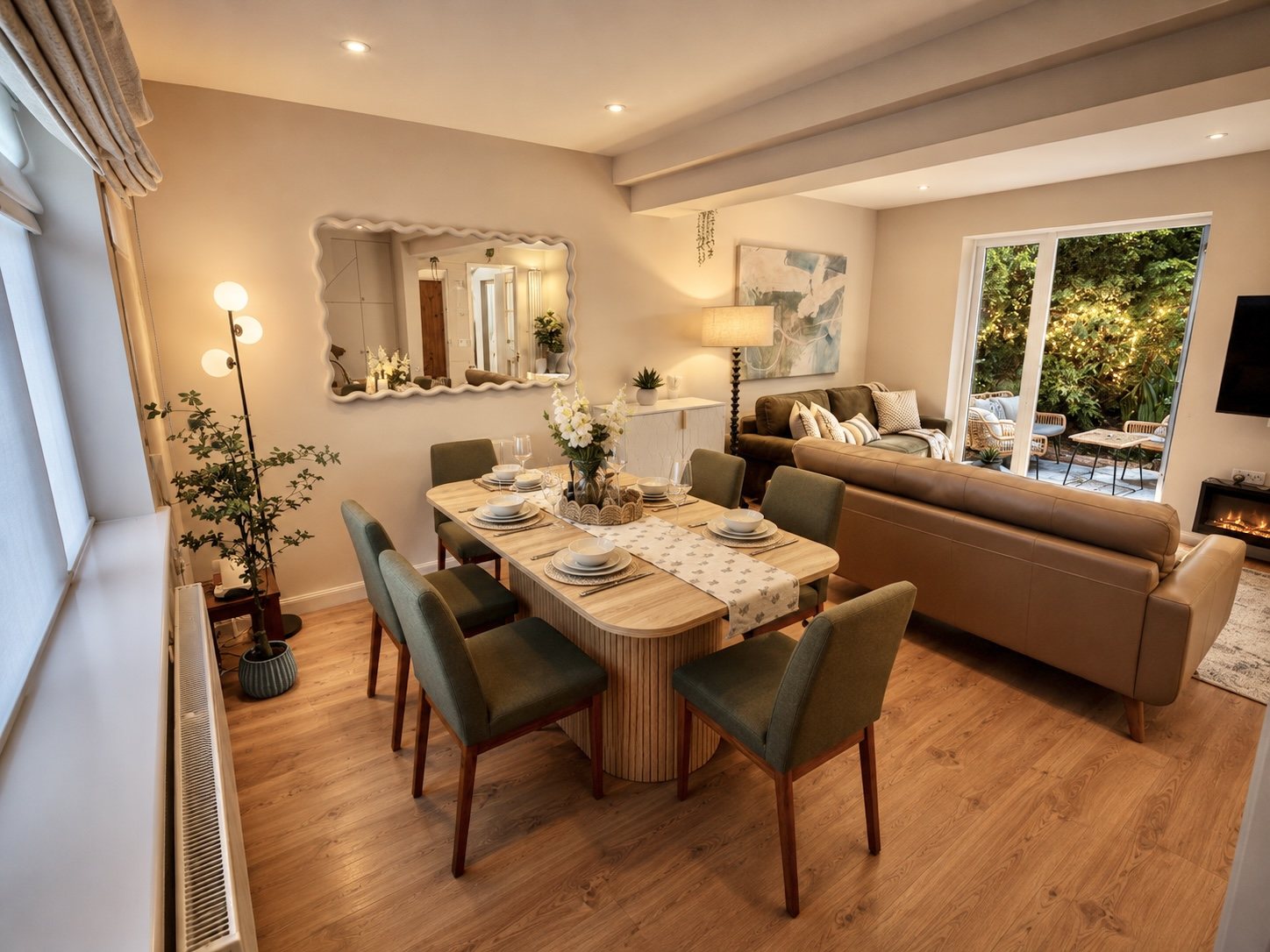 Dining table laid for six with the sitting room and garden beyond at Gulliver's Rest