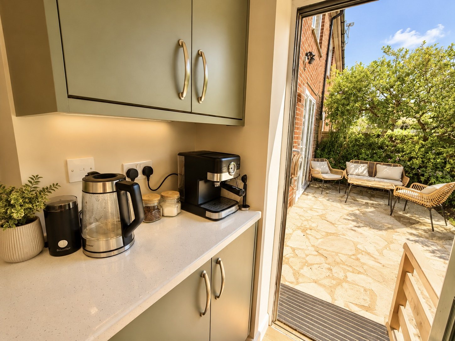 Coffee machine and kettle beside the patio door