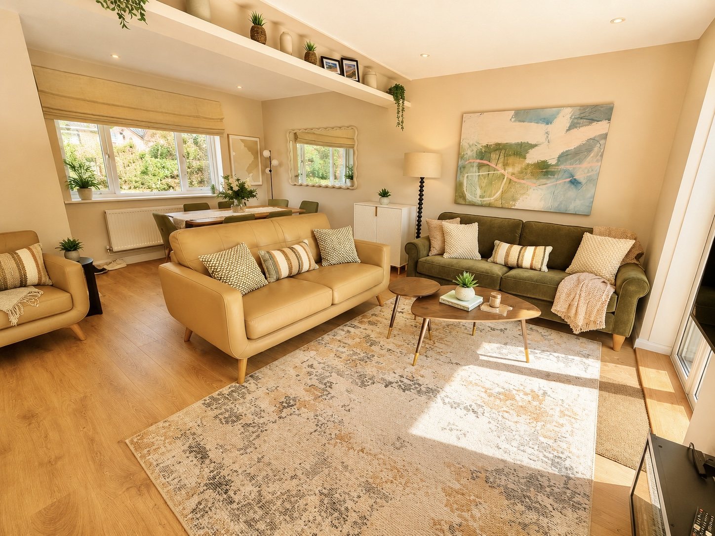 Wide view of the sitting room with sofas and warm natural light